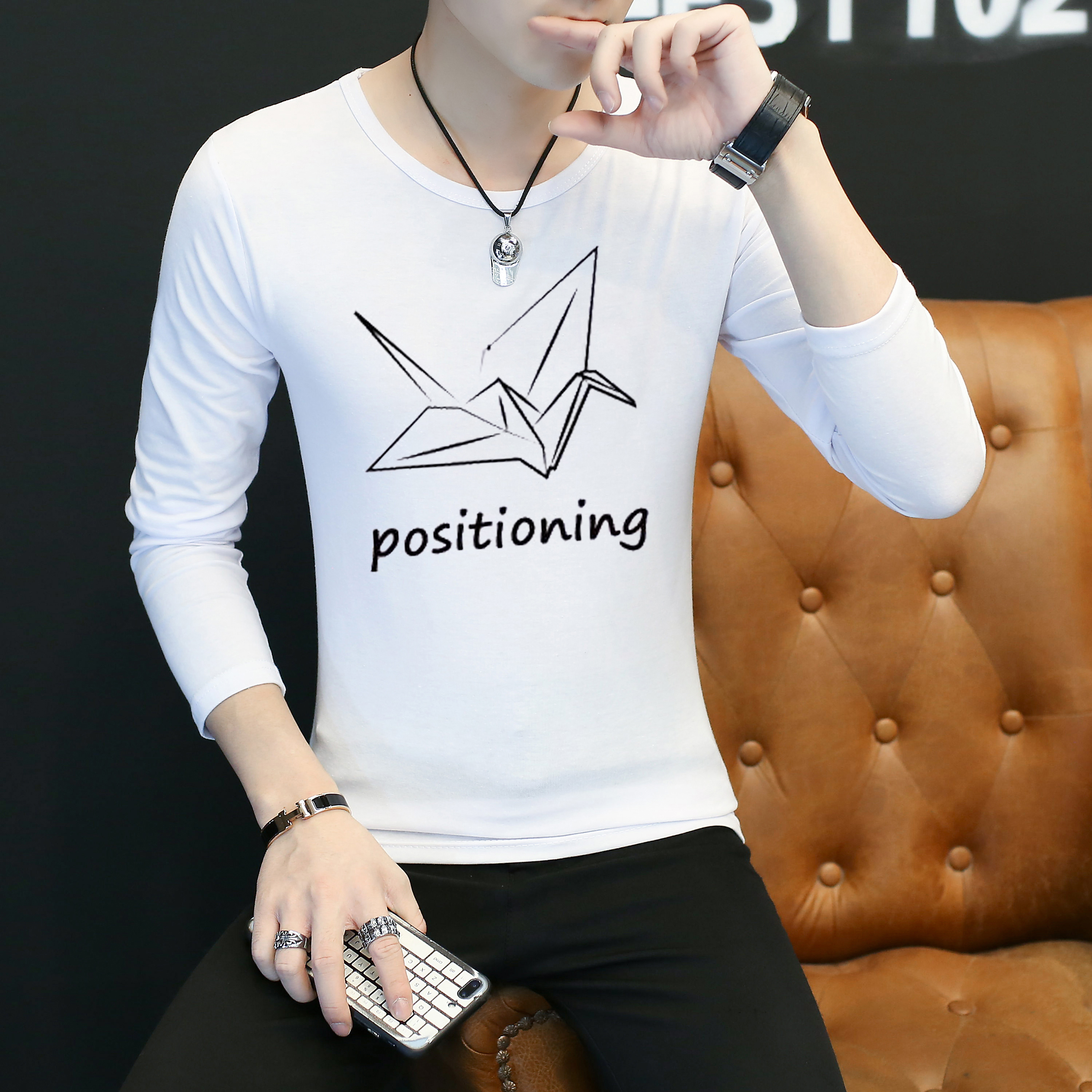 1508-CT16-P12新款长袖T恤创意印花初中高中大学青年T恤纸鹤白，男装T恤，星座1508-1