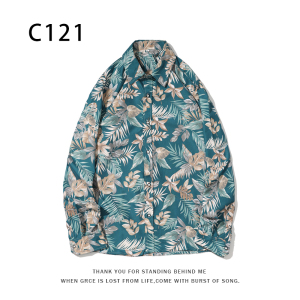 1508-C121-P25秋装新款港风印花长袖衬衫免烫休闲衬衣潮修身上衣图片