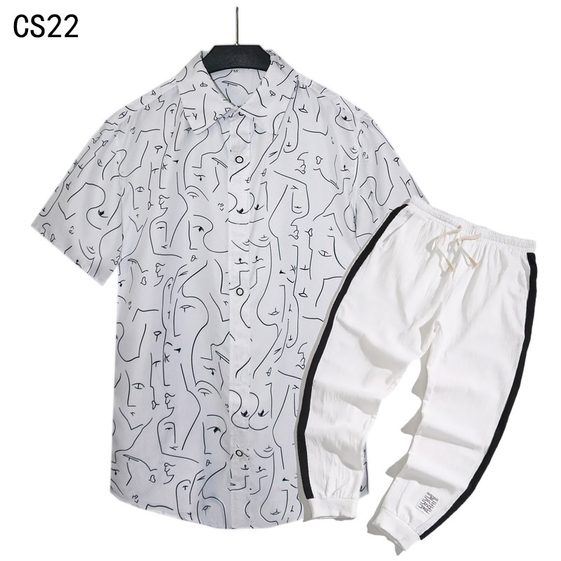 1508-CS22+K522-P45外贸欧美跨境现货短袖衬衫套装夏威夷沙滩衬衣,男装T恤,星座1508-1