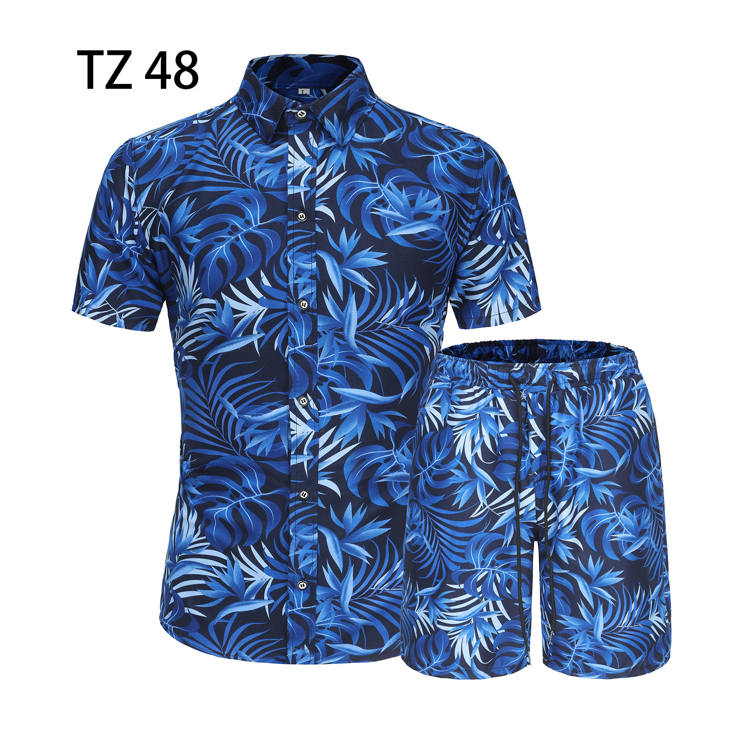 1508-TZ48-P40夏装新款港风印花短袖衬衫套装两件套免烫沙滩裤潮图片