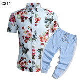 1508-CS11+K522-P45外贸欧美跨境现货短袖衬衫套装夏威夷沙滩衬衣，男装T恤，星座1508-1