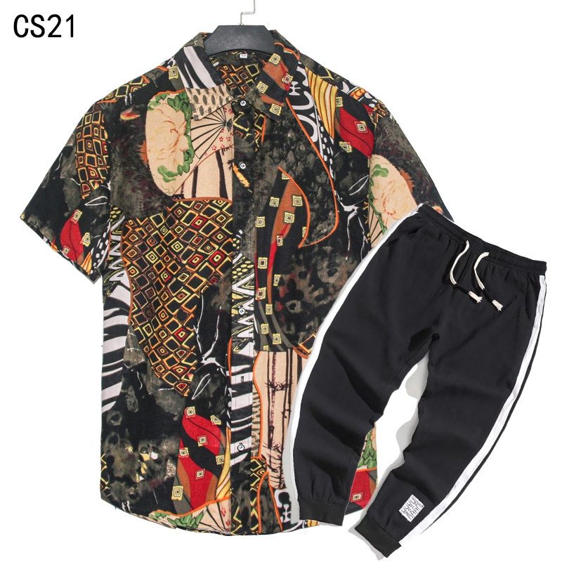 1508-CS21+K522-P45外贸欧美跨境现货短袖衬衫套装夏威夷沙滩衬衣，男装T恤，星座1508-1