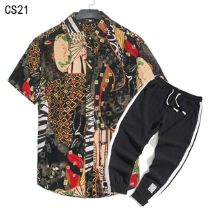 1508-CS21+K522-P45外贸欧美跨境现货短袖衬衫套装夏威夷沙滩衬衣，男装T恤，星座1508-1