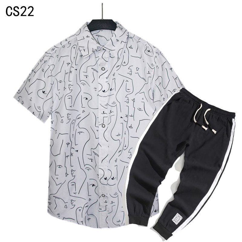 1508-CS22+K522-P45外贸欧美跨境现货短袖衬衫套装夏威夷沙滩衬衣，男装T恤，星座1508-1