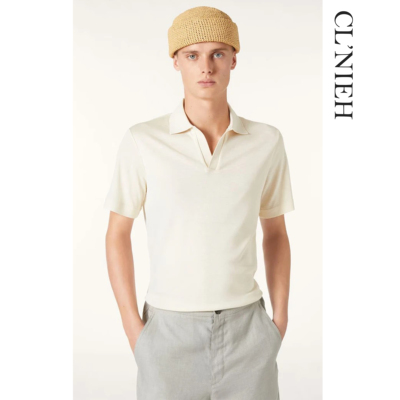 CLNIEH |精工斯托尔16针工艺 真丝混纺醋酸纱线海鸥领短袖POLO