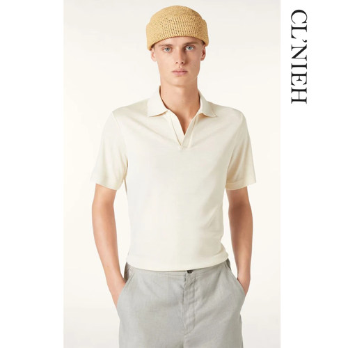 CLNIEH |精工斯托尔16针工艺 真丝混纺醋酸纱线海鸥领短袖POLO