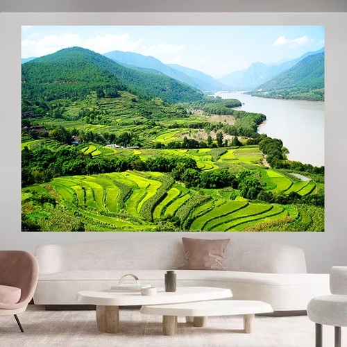 聚宝盆田园山水挂画梯田流水生财风景画客厅办公室横版招财墙壁画
