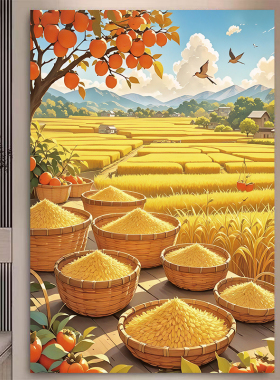 秋天丰收图田园风景画五谷丰登大丰收餐厅挂画硕果累累麦穗麦田画