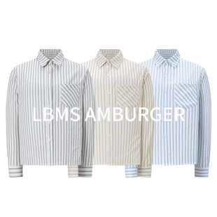 LBMS辣堡美式春季条纹泡泡纱衬衫休闲正肩长袖衬衣复古条纹上衣