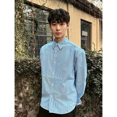 LBMS辣堡美式高智感情侣长袖衬衣复古休闲条纹衬衫松弛慵懒感衬衣