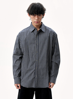 LBMS美式男装复古藏青小格子衬衫男长袖春季新款潮流休闲衬衣外套