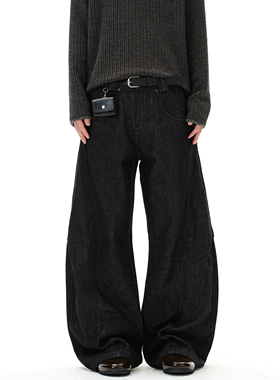 LBMS辣堡美式复古立体解构丹宁黑色牛仔裤男高级感宽松直筒弯刀裤