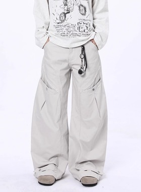 LBMS辣堡美式复古弯刀工装裤男女设计感多口袋宽松阔腿直筒休闲裤