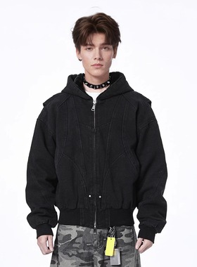 LBMS辣堡美式座山雕仿水貂绒加厚连帽夹克重磅帆布水洗棉服外套