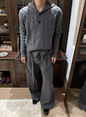 LBMS辣堡美式羊毛混纺立领老钱毛衣绞花粗针排扣高领大翻领毛衣