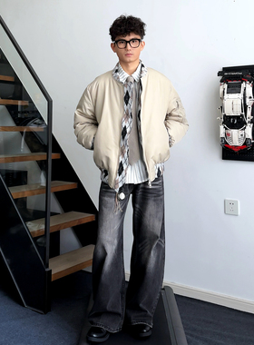 LBMS辣堡美式费尔岛混纺格纹提花棉服冬季保暖加厚短款版型外套