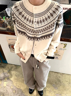 LBMS辣堡美式白色羊绒费尔岛毛衣开衫秋冬保暖通勤老钱风针织衫