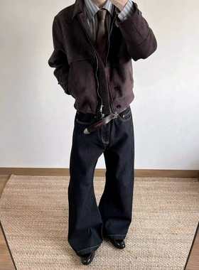 LBMS辣堡美式复古巴恩风高级感猎装夹克男秋季棕色麂皮绒垫肩外套