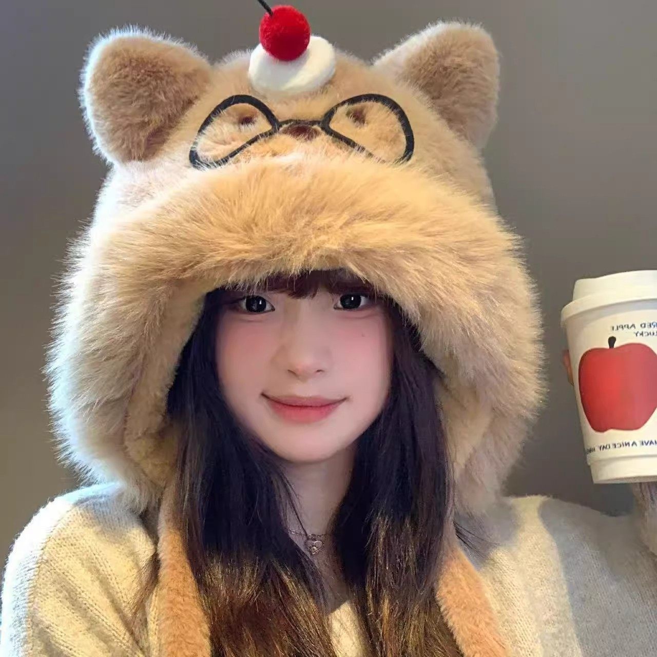 小熊毛绒帽子围巾一体女秋冬季