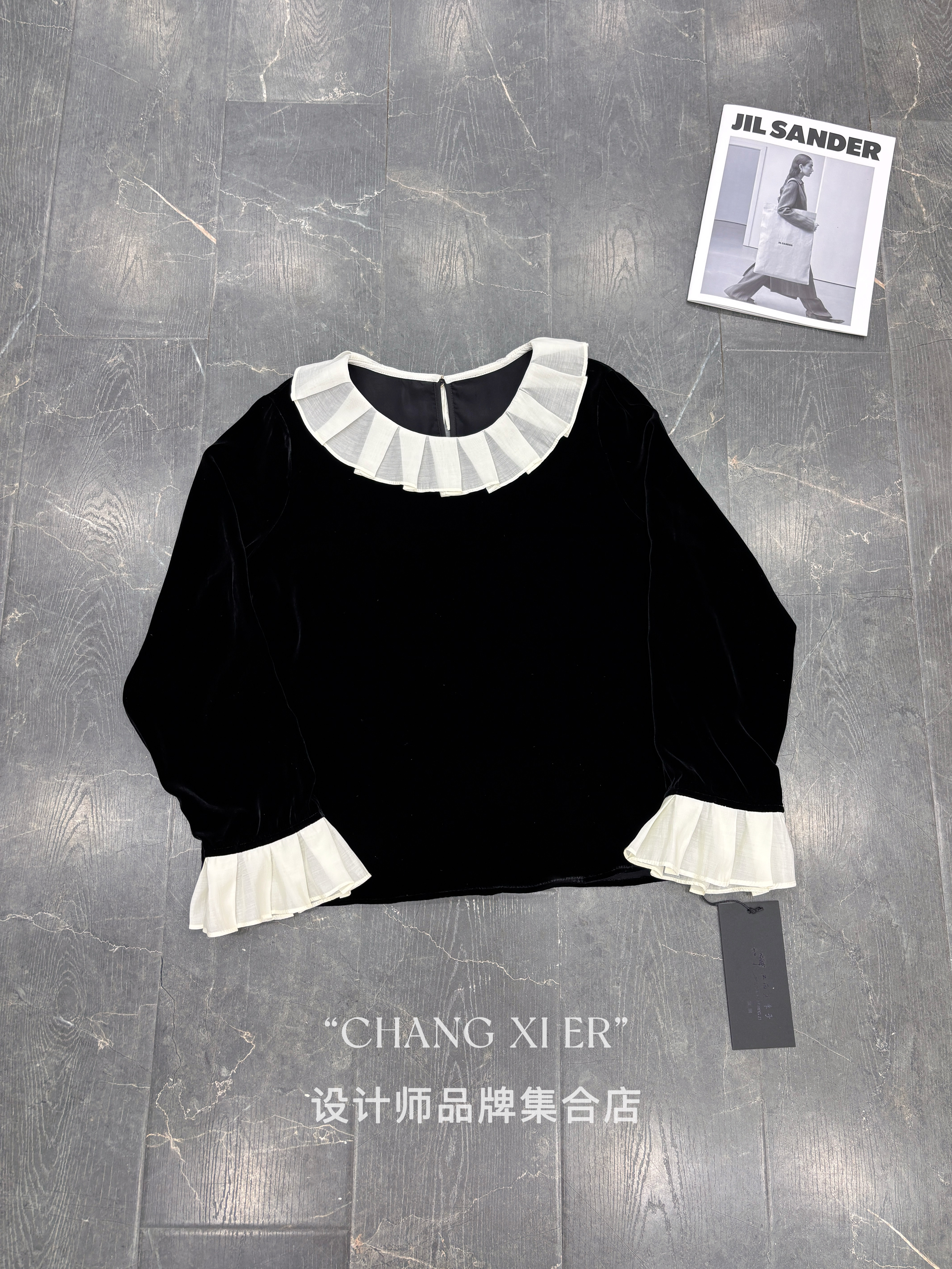 设计师品牌正品 采桑子桑蚕丝花边领减龄长袖真丝丝绒衬衫上衣女