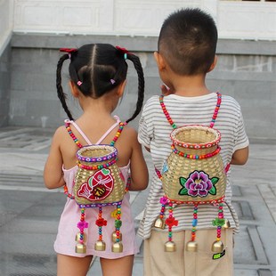 速发手工竹编小背篓儿童双舞流苏鱼篓风铃肩蹈演道采茶篓表演出具