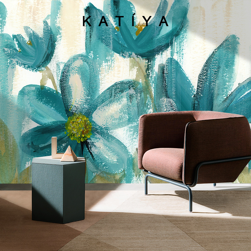 速发Katiya法式手绘油画绿色壁画客厅电视背景墙壁纸无缝墙纸