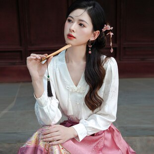 白色衬衣v高中花新提式 速发国风配马面裙 上衣领级感长袖