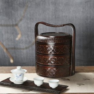 速发中具复古三层竹编手盒篮食盒茶式 收纳带盖结婚喜提礼品野餐竹