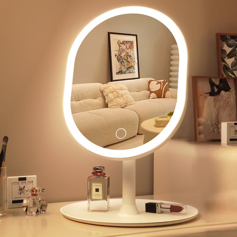 速发镜子化桌镜家用圆式妆面带灯梳妆镜风便携简约大号椭台白镜
