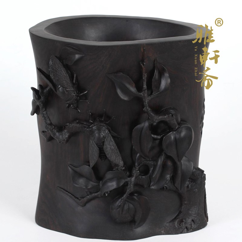 速发红木工艺品 黑檀木雕刻大号摆件 实木质知音醉清秋根雕笔筒