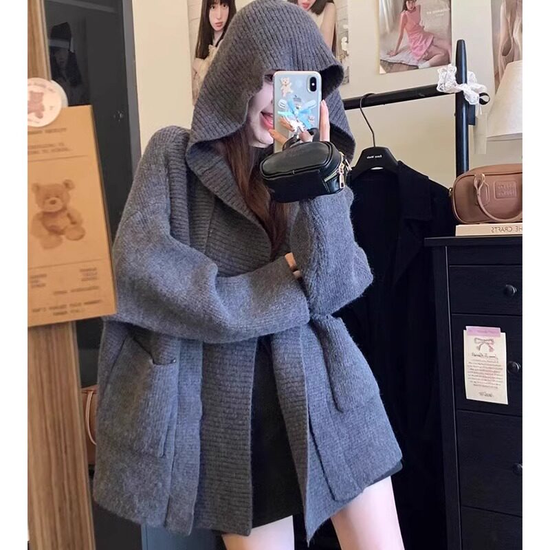 速发宽众慵懒风灰色廓形感帽毛衣外套秋冬小松设计连软糯针织开衫