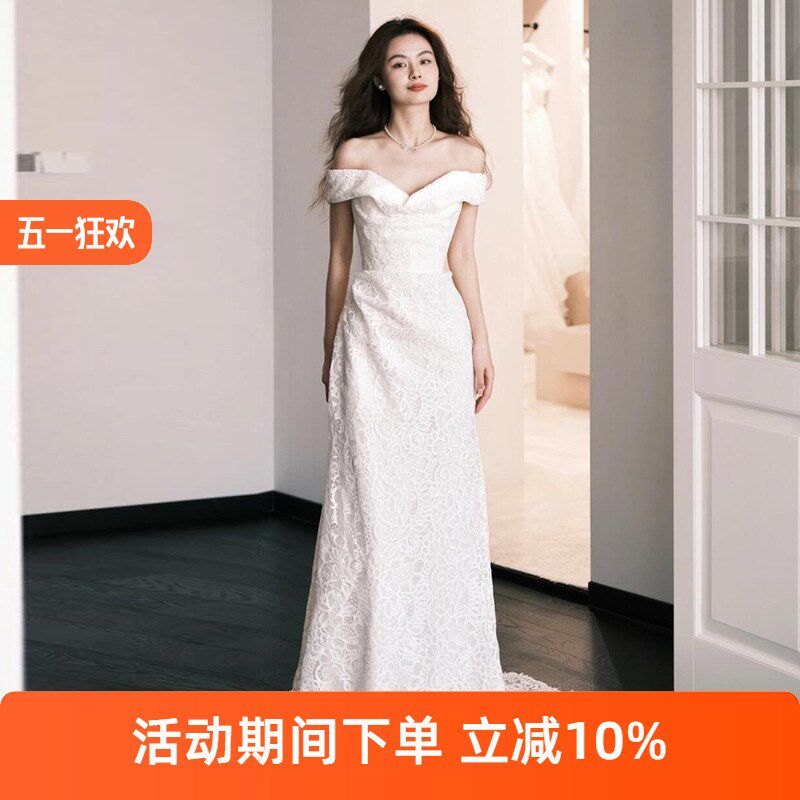 速发法丝一字肩轻婚纱蕾式高级感白色鱼尾礼服超仙迎宾订婚门拍出