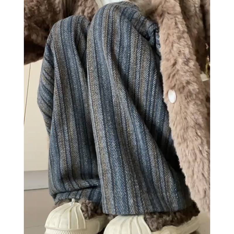 速发阔腿裤秋冬季2024年条款高腰垂感慵懒休闲绒古新纹直筒加复裤