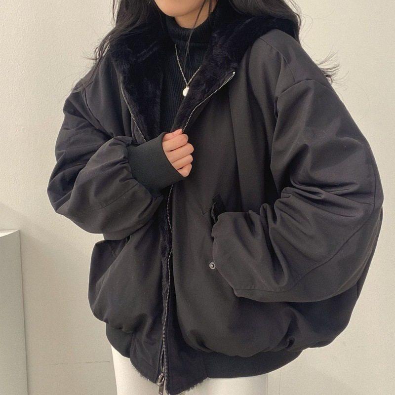 .冬天衣服加绒两面穿羊羔毛棉服女装冬季新款宽松连帽棉衣上衣