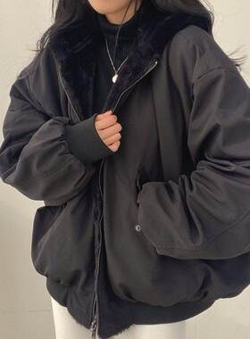 .冬天衣服加绒两面穿羊羔毛棉服女装冬季新款宽松连帽棉衣上衣