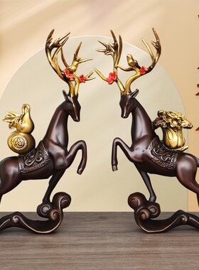 速发纯生铜摆件一财百对福鹿一路黄财玄关家居桌面客厅公司装饰