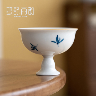 速发白瓷家绘兰花高陶主人杯单杯葵口杯足瓷手用品茗杯功夫茶具喝