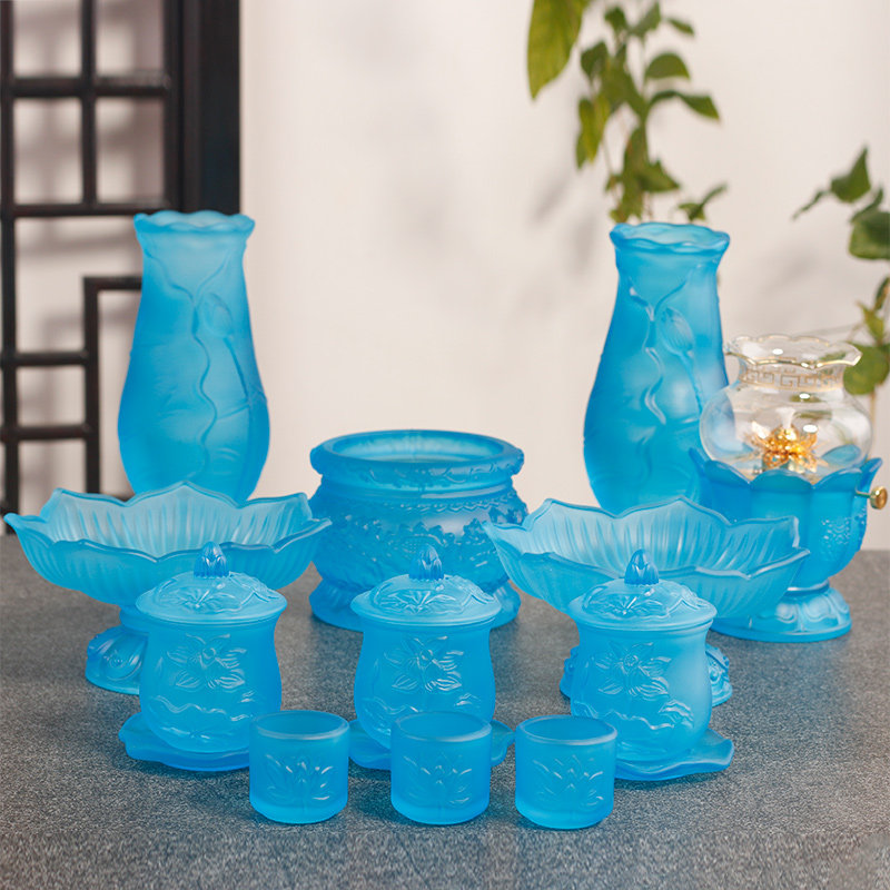 速发佛具用品装全蓝色套大家用供奉香炉花瓶供水杯果盘供佛供具水