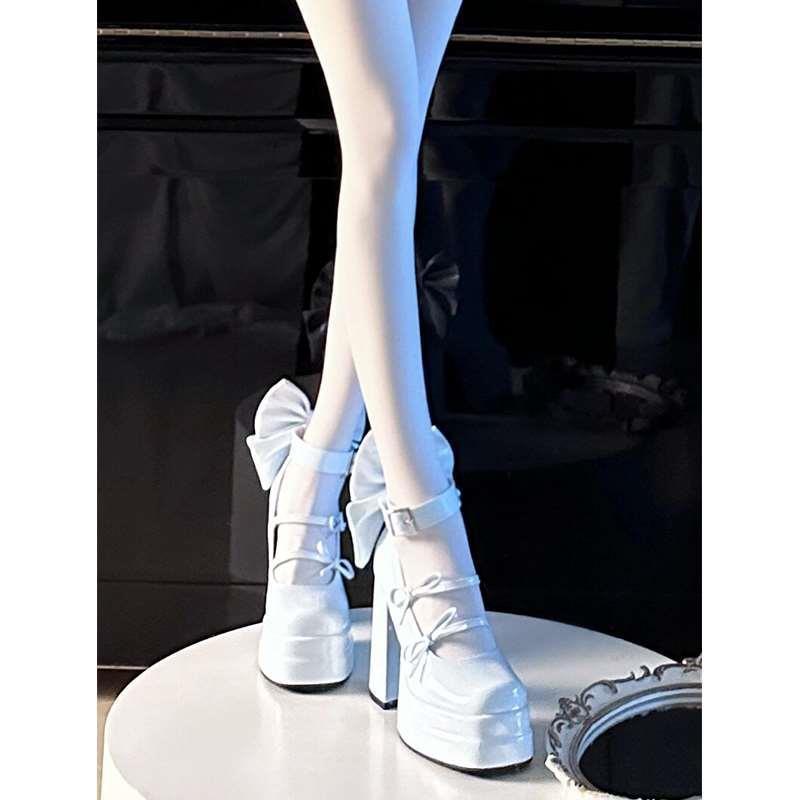 【】蝴蝶臆想可爱甜美方圆头玛丽珍双防水台超高跟鞋大蝴蝶结