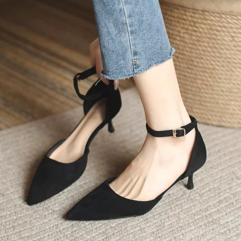 黑色一字带包头细跟尖头凉鞋女5公分2025新款配裙子伴娘高跟单鞋