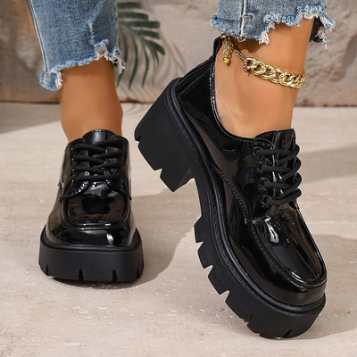 真皮亮面松糕底乐福鞋女2025春季新款英伦风小皮鞋厚底系带单鞋