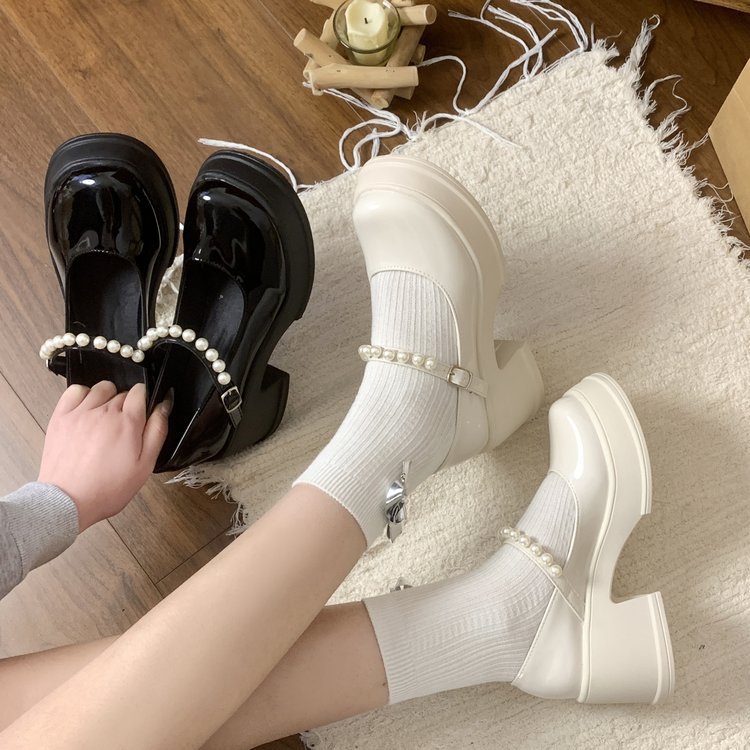 小香风珍珠粗跟玛丽珍鞋女春秋2025新款增高配裙子高跟小皮鞋