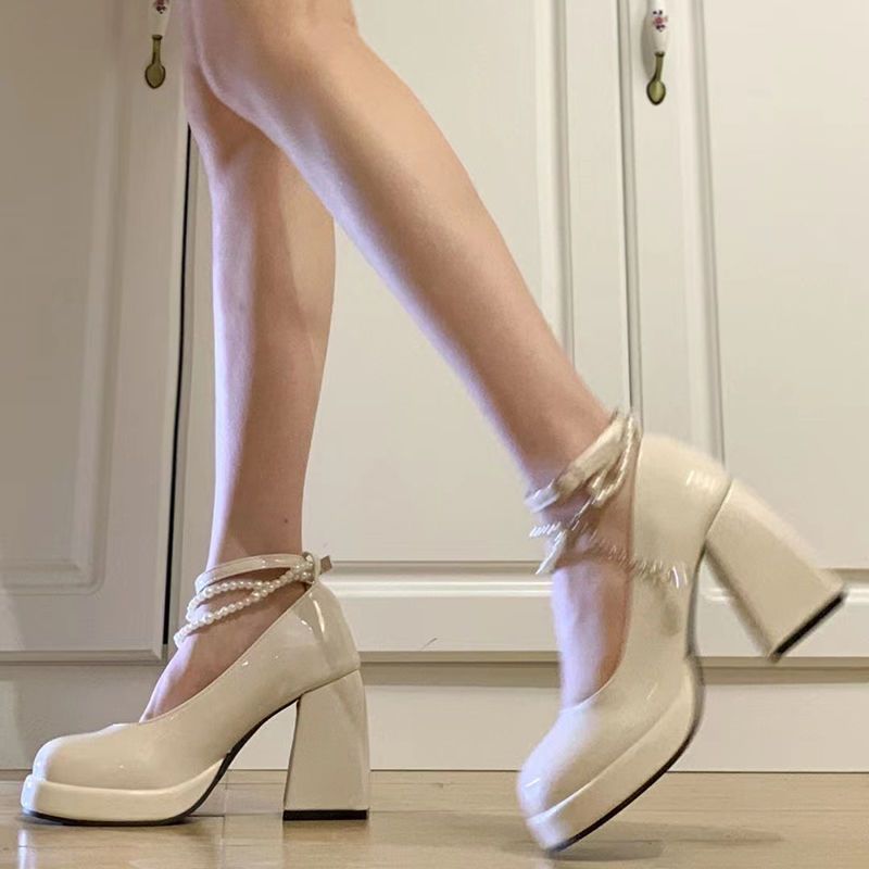 法式粗跟玛丽珍鞋女增高配裙子一字带高跟鞋婚鞋白色气质伴娘单鞋