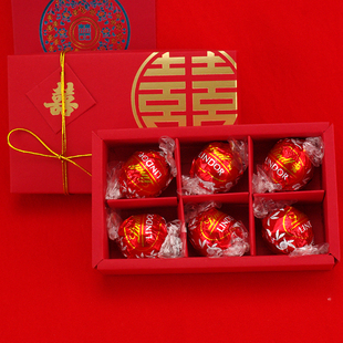 双喜临门喜字婚礼糖盒含糖 瑞士莲巧克力明治喜糖成品6粒礼盒装