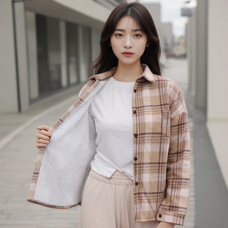 纯棉加绒加厚格子衬衫女