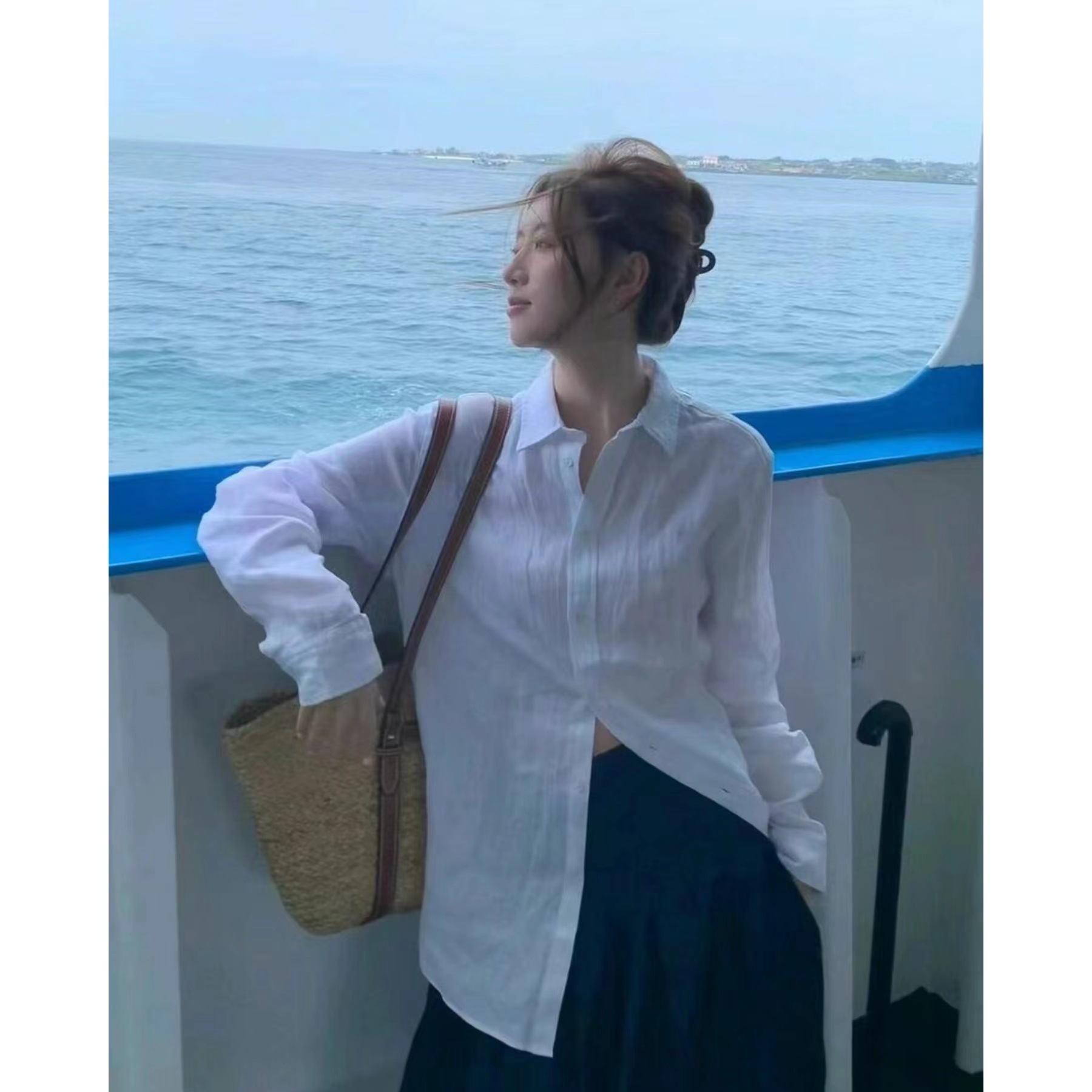 RL拉夫单排扣女士衬衫长袖防晒衫女宽松夏季薄款中长款衬衫上衣