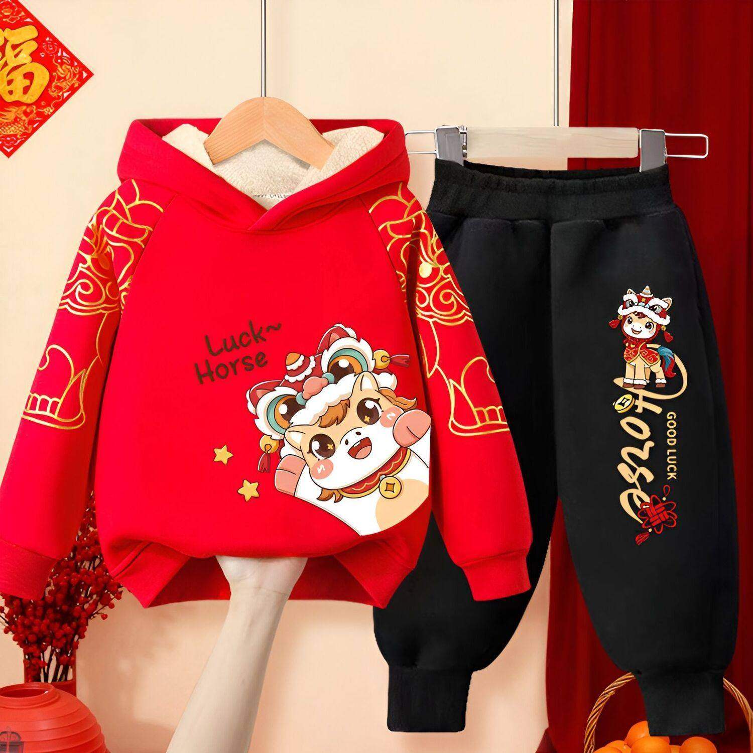 男童女童拜年服套装2026马年宝宝加绒衣服红色连帽卫衣卫裤过年服