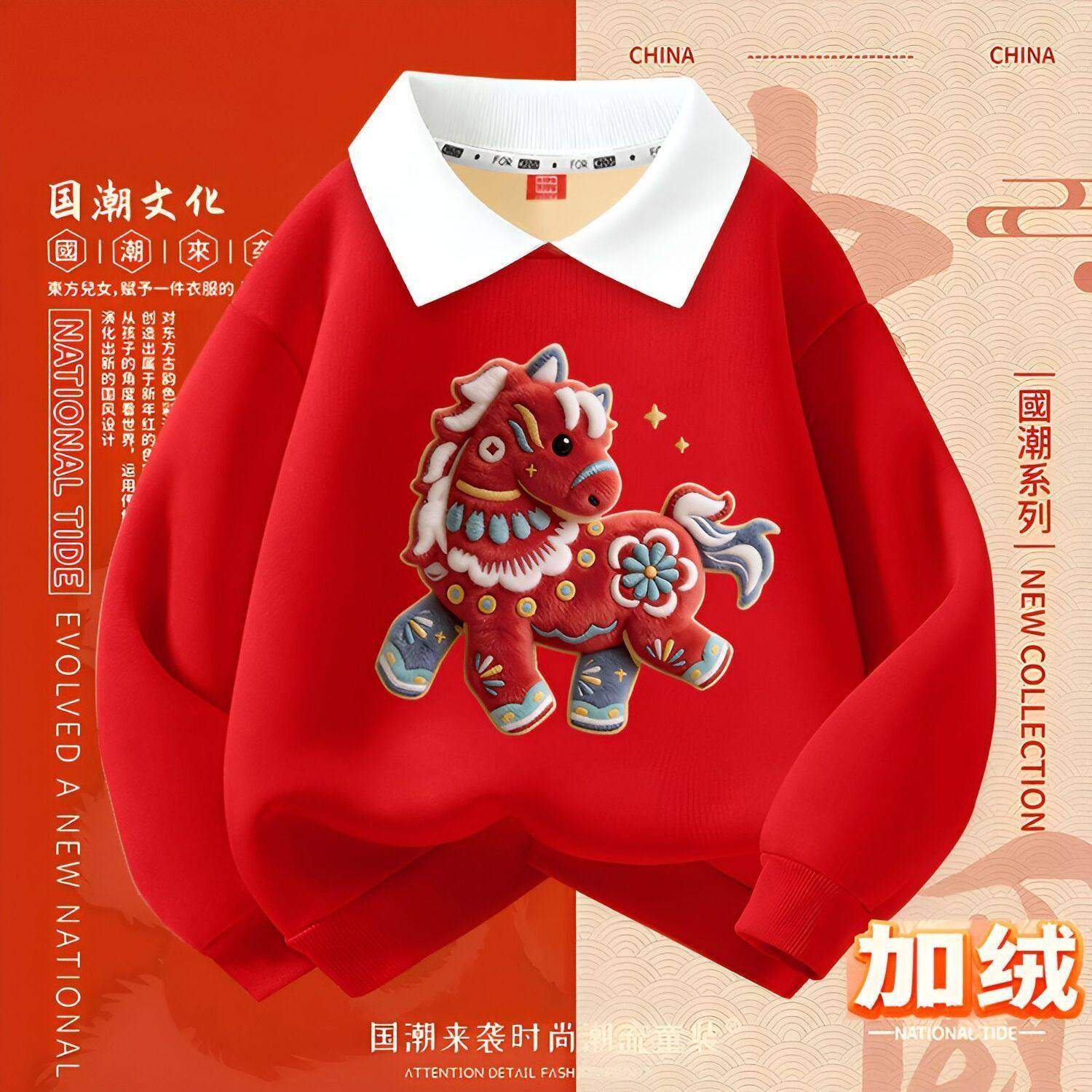 儿童国风加绒Polo领卫衣2026新年喜庆拜年服男女宝宝保暖套头衫潮,童装/婴儿装/亲子装,儿童POLO衫,淘宝优惠券,粉丝福利购,淘宝优惠卷