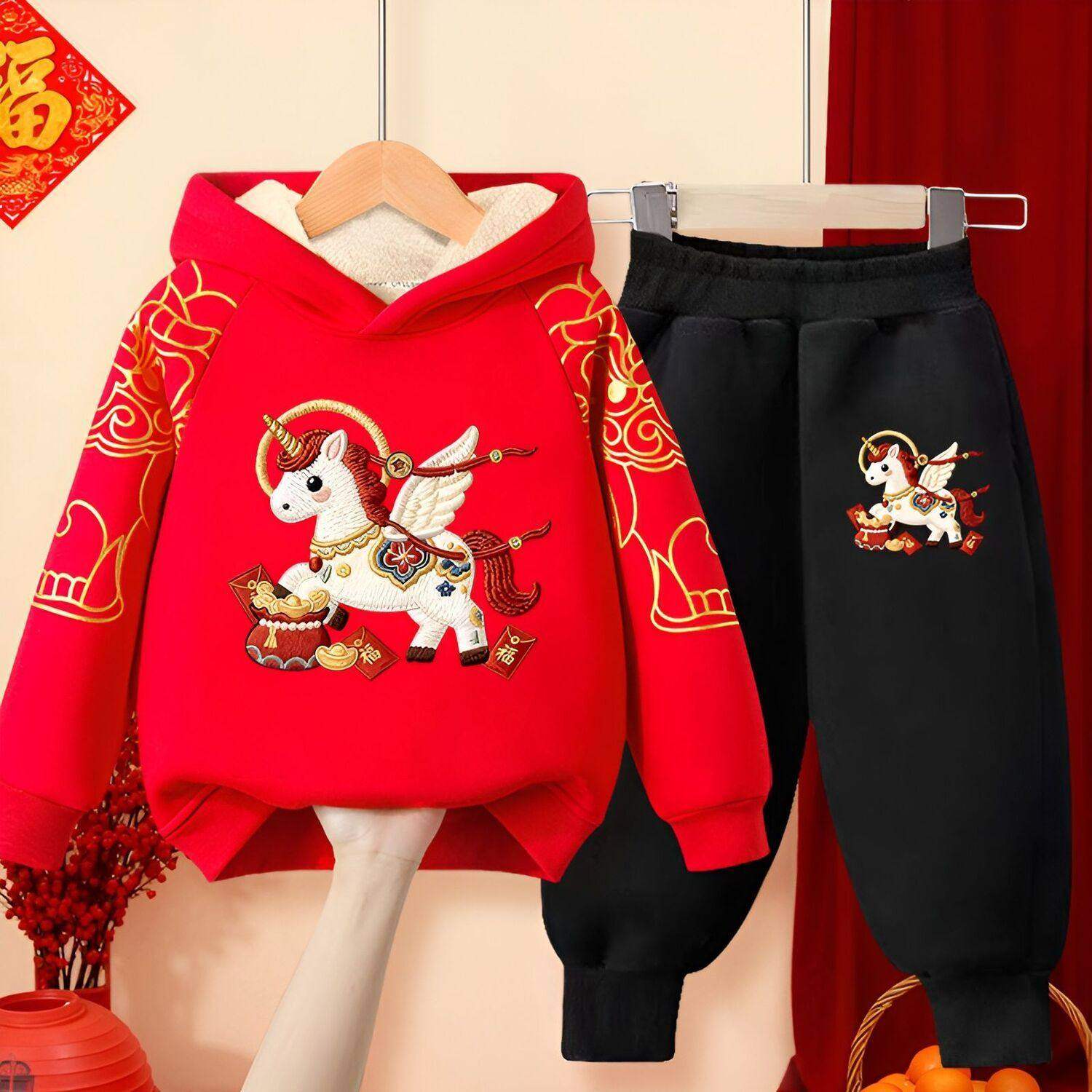 儿童连帽卫衣套装秋冬季马年新款男女童加绒新年宝宝拜年服两件套
