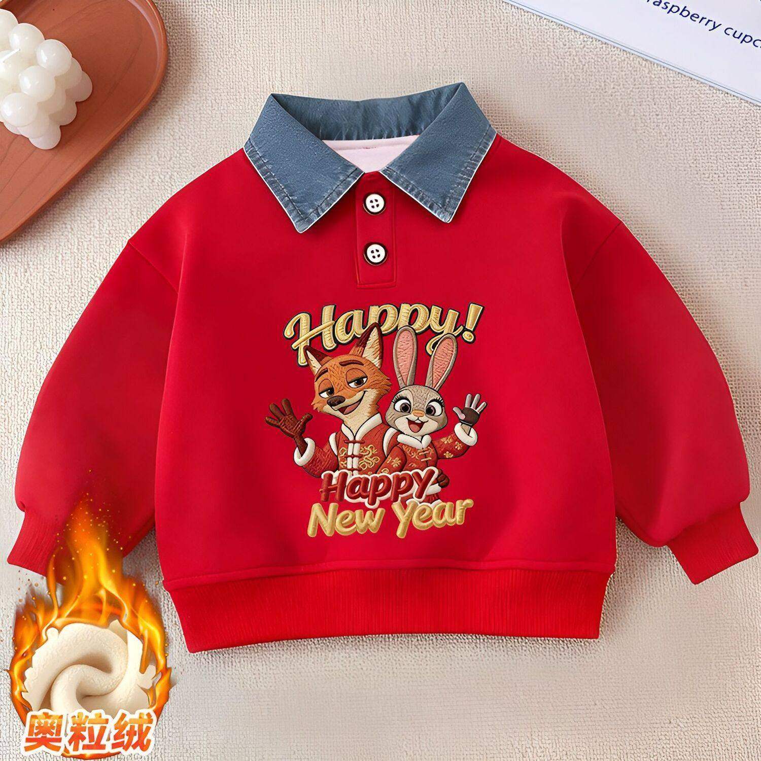 男童卫衣拜年服秋冬装2026马年喜庆加绒儿童红色加厚牛仔领上衣潮
